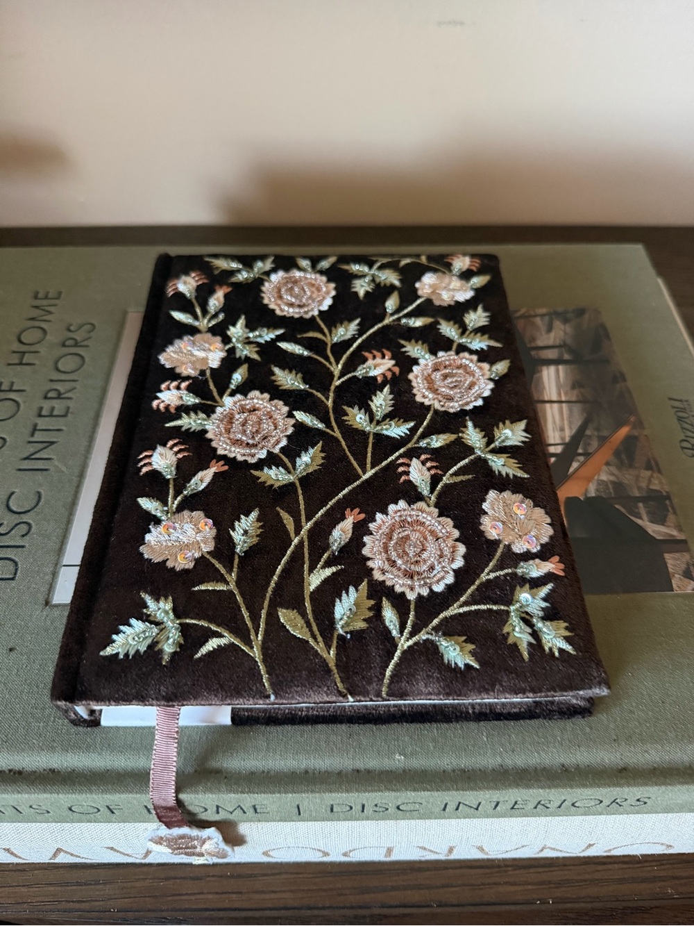 Embroidered Floral Velvet Journal - Brown with Pink Accents